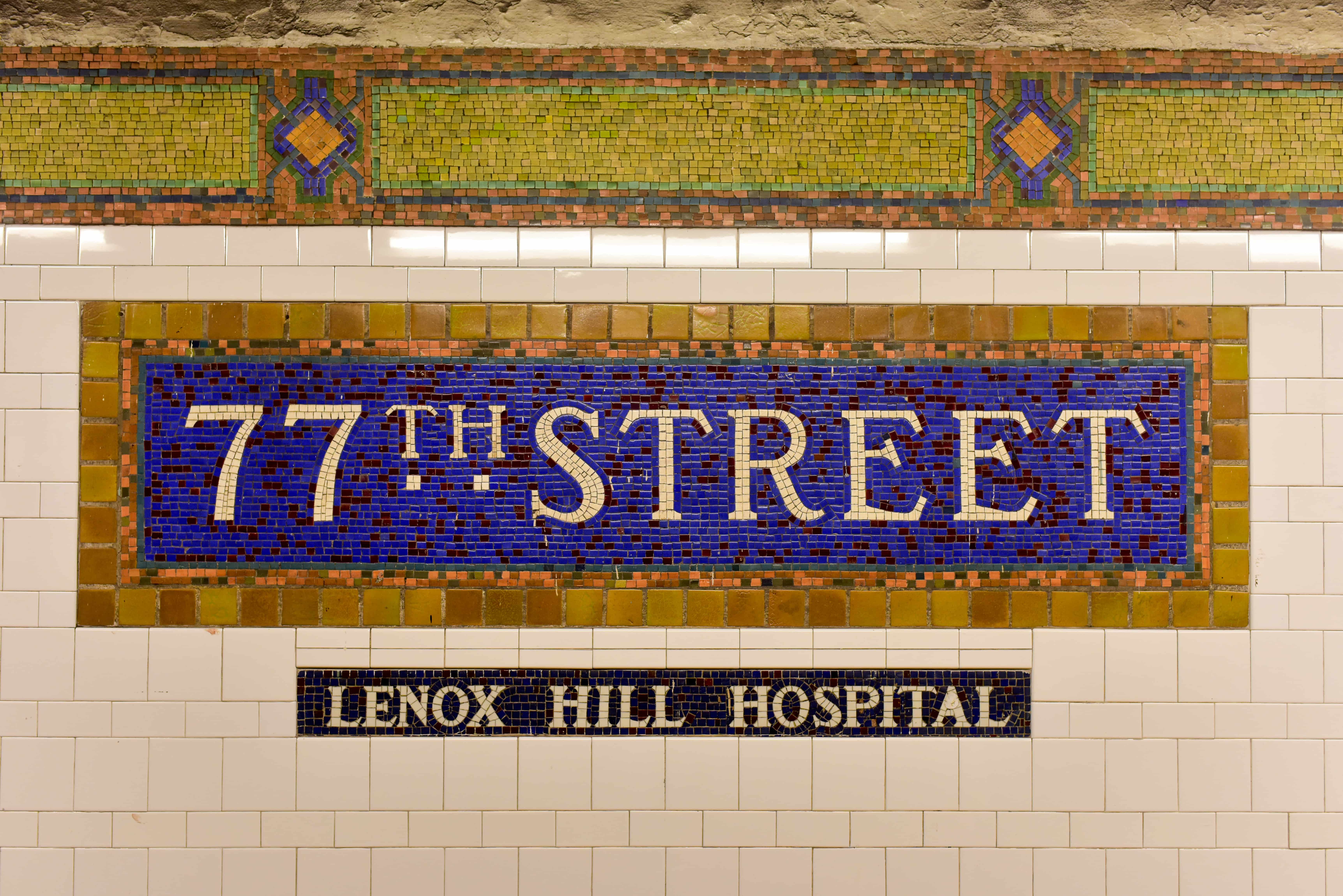 New York, New York - 77th Street Subway Station Mosaic Sign in New York City.